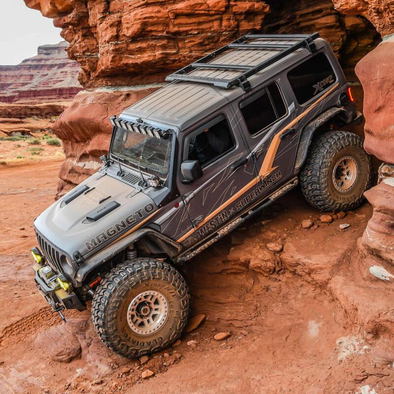 Westin Jeep Wrangler JL Unlimited Mesa roof rack with black metal bars and mounting points on vehicle roof for outdoor gear storage