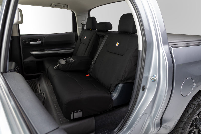 Covercraft Carhartt Super Dux custom second row seat covers in black for Ford Bronco 2021-2024, durable and form-fitting.