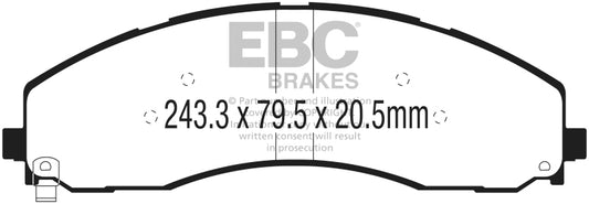 EBC 2017+ Ford F-450 Ultimax2 front brake pads, OE type, showing gray friction material with metal backing plates.