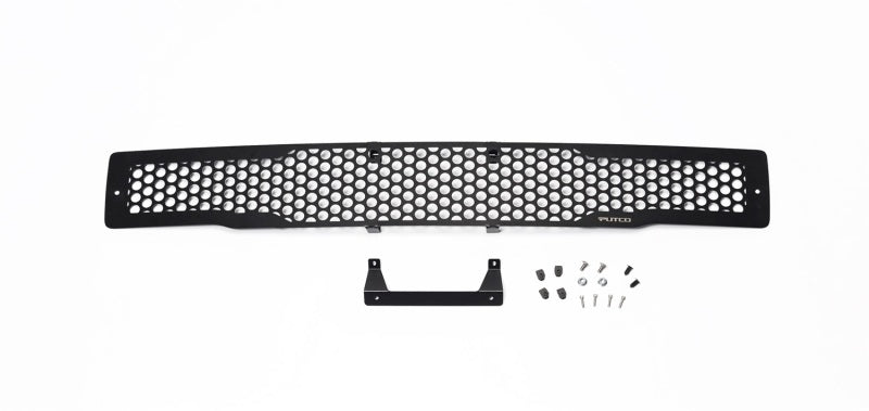 Putco stainless steel black punch design bumper grille inserts for 2015-2017 Ford F-150 truck, featuring a bold grille pattern.