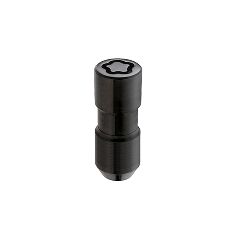 Black McGard wheel lock nut set with four cone seat lug nuts, M14x2.0, 13/16 hex, 2.25-inch length for secure vehicle wheels.