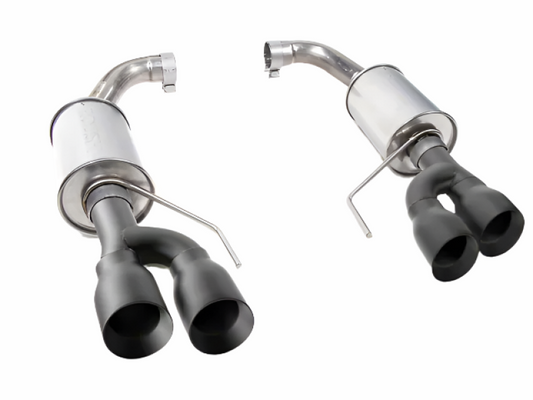 Roush 18-25 Mustang GT black tip axle back exhaust system, showing the polished exhaust tips and rear view of the car.