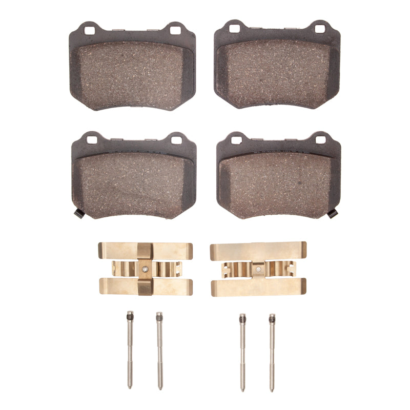 R1 Concepts Subaru WRX 2018-2025 rear ceramic brake pads and hardware kit, OE style, with metal clips and mounting components.