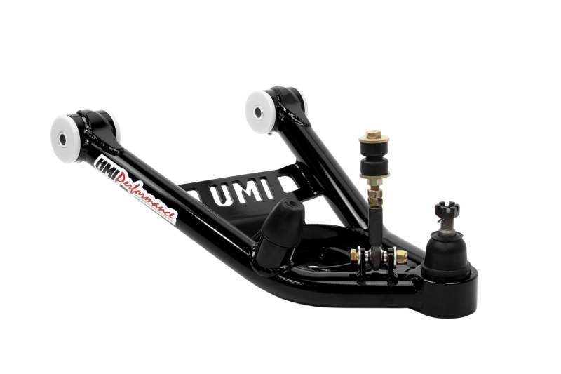 UMI Performance GM A-Body tubular upper and lower front control arms with Delrin bushings, designed for improved suspension performance.