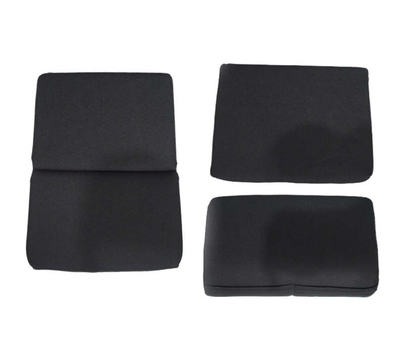 NRG FRP black fabric bucket seat cushions and pads, set of 3, designed for enhanced comfort and support in racing seats.