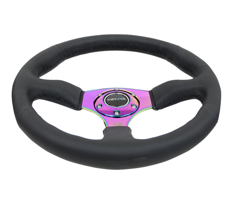 NRG reinforced leather race steering wheel with 350mm diameter, deep dish design, and 4mm neochrome spokes for racing comfort