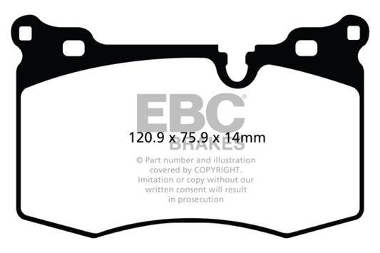 EBC Mini Hardtop 1.6 Turbo J.C Works Redstuff front brake pads for performance braking on a vehicle.