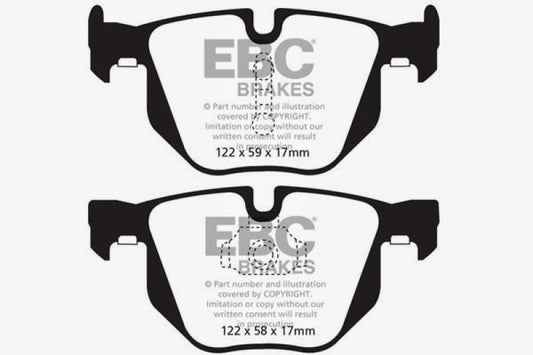 EBC Redstuff rear brake pads for BMW X5 3.0 Turbo (35), high-performance brake pads shown in the image