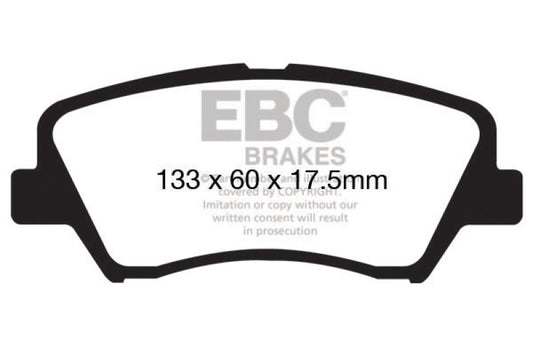 EBC 13+ Hyundai Elantra 1.8 Greenstuff front brake pads for performance braking, shown in a close-up image.