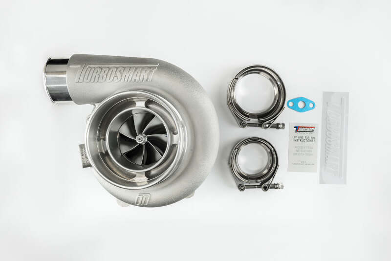 Turbosmart TS-1 Turbocharger with V-Band, 1.07AR, externally wastegated, showing the turbo with polished metal finish and reversed rotation design.
