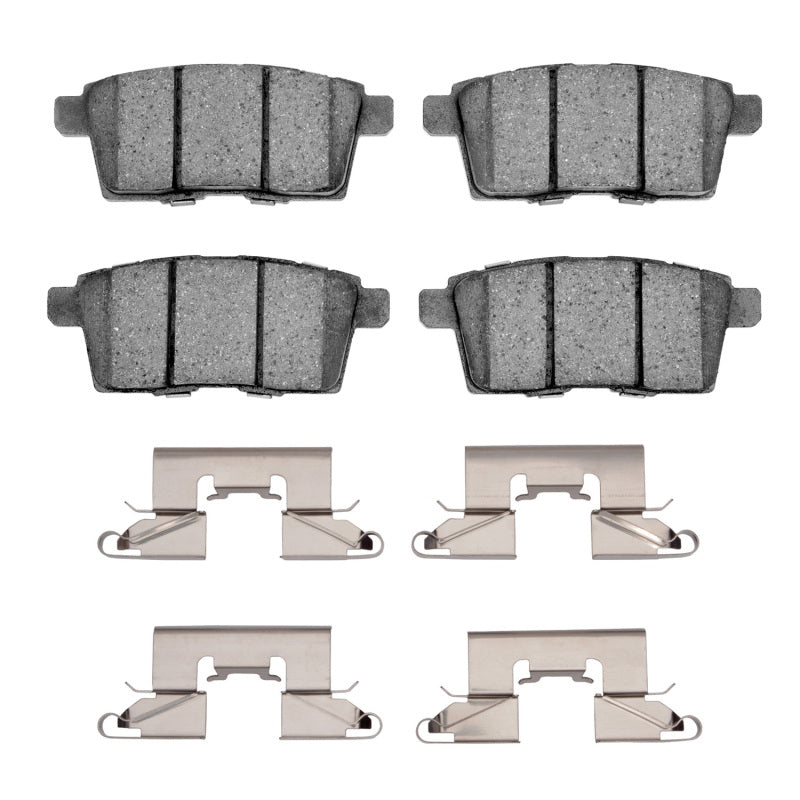 R1 Concepts Ford Edge 2007-2015 OE semi-metallic rear brake pads and hardware kit, with mounting hardware and pad surfaces.