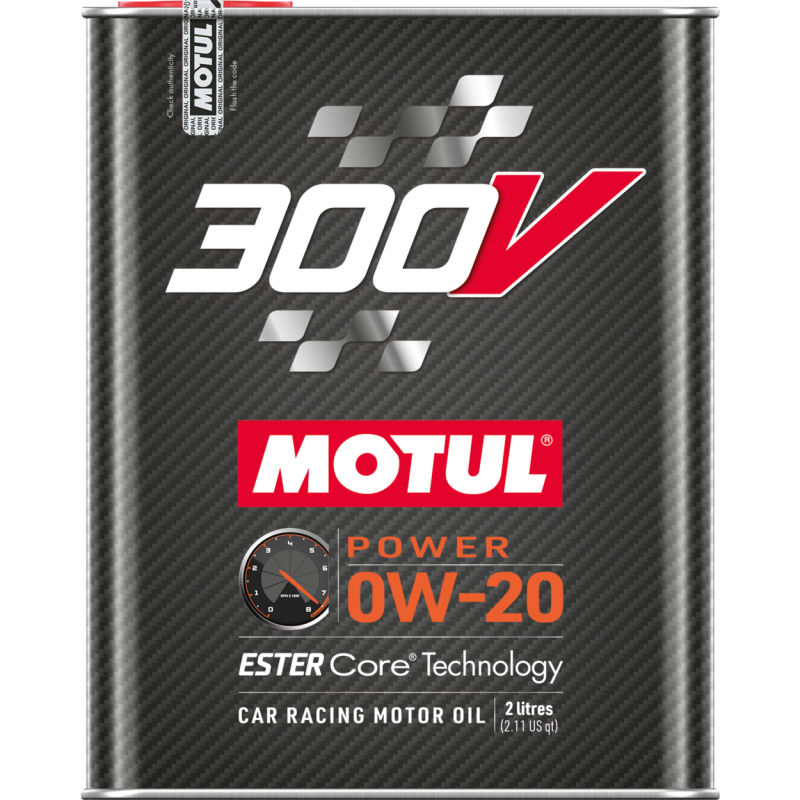 Motul 20L 300V Power 0W20 motor oil container, 10-pack of 2-liter bottles, high-performance automotive lubricant.