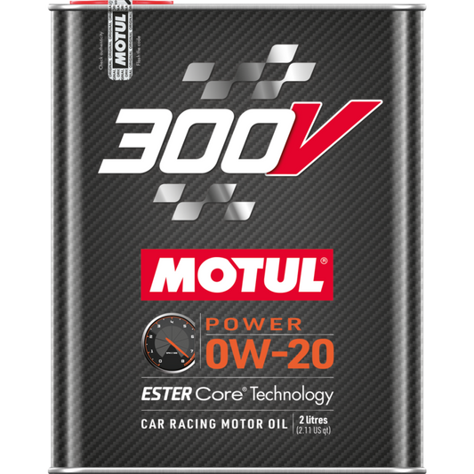 Motul 20L 300V Power 0W20 motor oil container, 10-pack of 2-liter bottles, high-performance automotive lubricant.