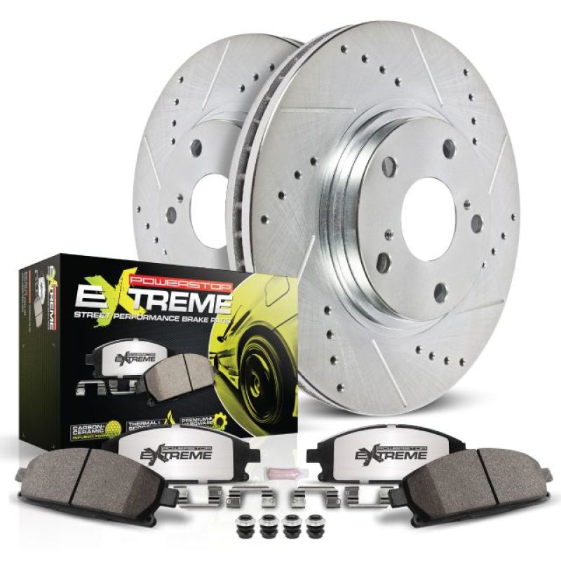 PowerStop Z26 Street Warrior rear brake kit for Cadillac CTS 2004-2007, includes performance brake rotors and calipers.