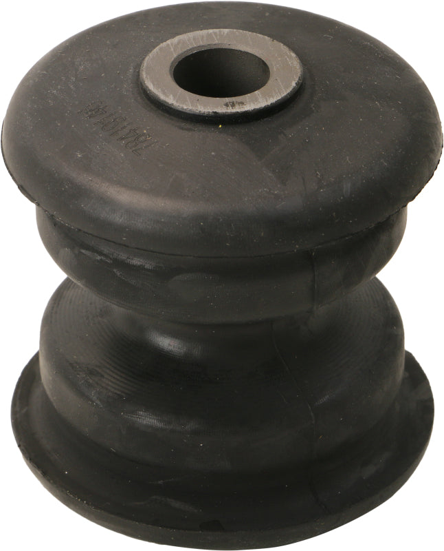 Moog rearward leaf spring bushing for Ford Transit-150 2015-2019, close-up of black rubber bushing on leaf spring assembly.
