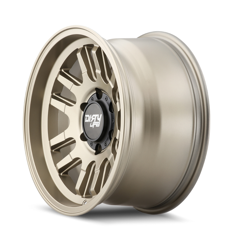 Dirty Life Canyon 17x9 satin gold cast wheel with 6x139.7 bolt pattern, 0mm offset, and 106mm hub for off-road vehicles.