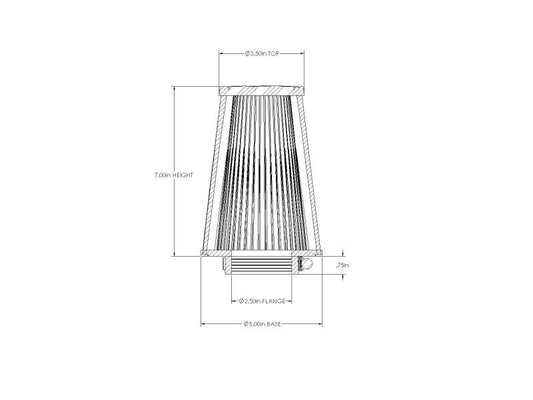 aFe POWER universal clamp-on air filter with Dura-Dry media, 2.5-inch inlet, 5-inch body, 3.5-inch top, and 7-inch height for vehicle airflow
