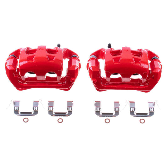 Pair of PowerStop front red brake calipers with brackets for Infiniti FX35 (2006-2012), performance brake calipers.