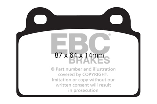 EBC Redstuff rear brake pads for Mitsubishi Lancer Evo 10 2.0 Turbo, high-performance brake pads, front view showing red friction material