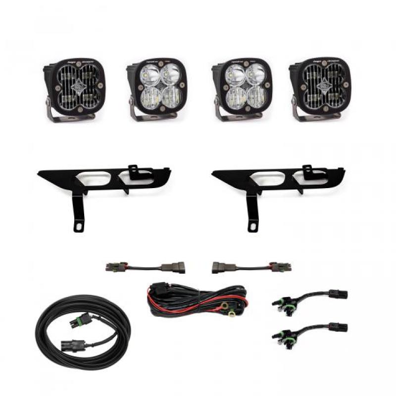 Baja Designs Ford F150 fog pocket kit with clear Squadron Pro DC LED lights installed in the vehicle's front bumper area.