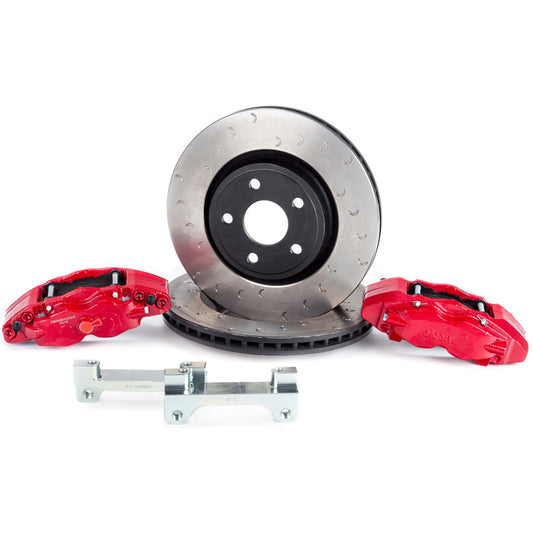 Alcon 2018+ Jeep JL big brake kit with 350x32mm rotors and 6-piston red calipers for front brake upgrade.