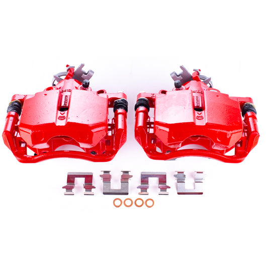 Pair of PowerStop rear red brake calipers with brackets for Buick Lucerne 2006-2011, performance brake calipers for enhanced stopping power.