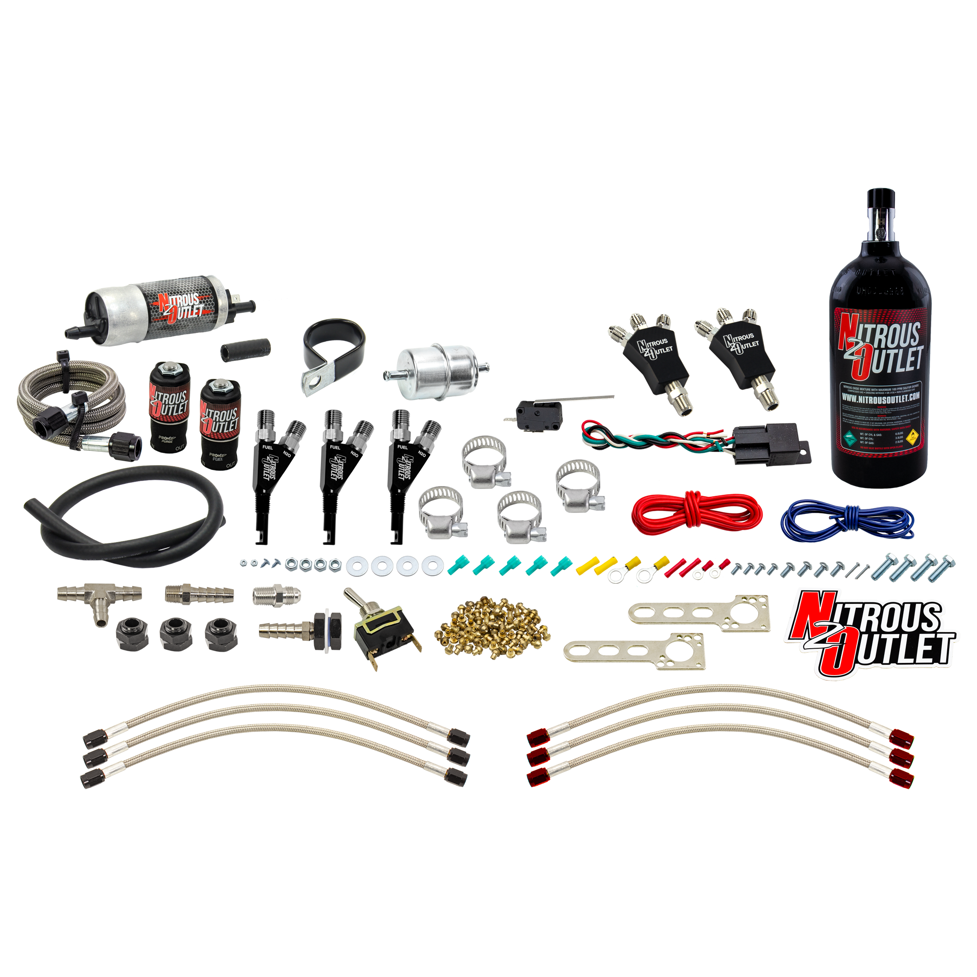 Nitrous Outlet Powersports Three Cylinder Wet Nozzle System (Aluminum 90 Degree Nozzles)(Gas)(6 psi)(30,45,60,75,90 HP)(2....