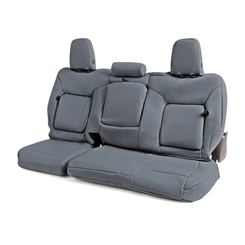 Covercraft leatherette custom second-row seat covers installed in a Toyota Corolla, fitted for 2023-2026 model years.