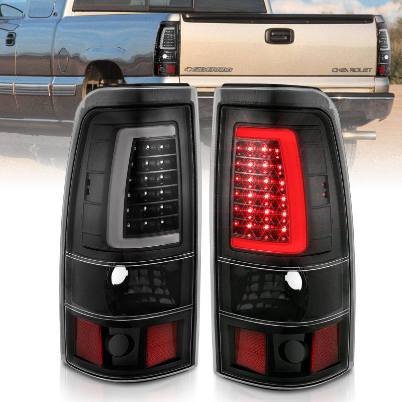 ANZO black LED tail lights for 1999-2002 Chevy Silverado 1500 with clear lens, plank style taillights, and modern design.