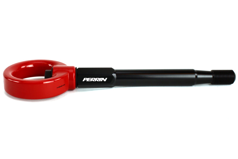 Red Perrin Performance tow hook kit for Subaru WRX, Crosstrek, OBXT, and Impreza front bumper, featuring durable metal construction.