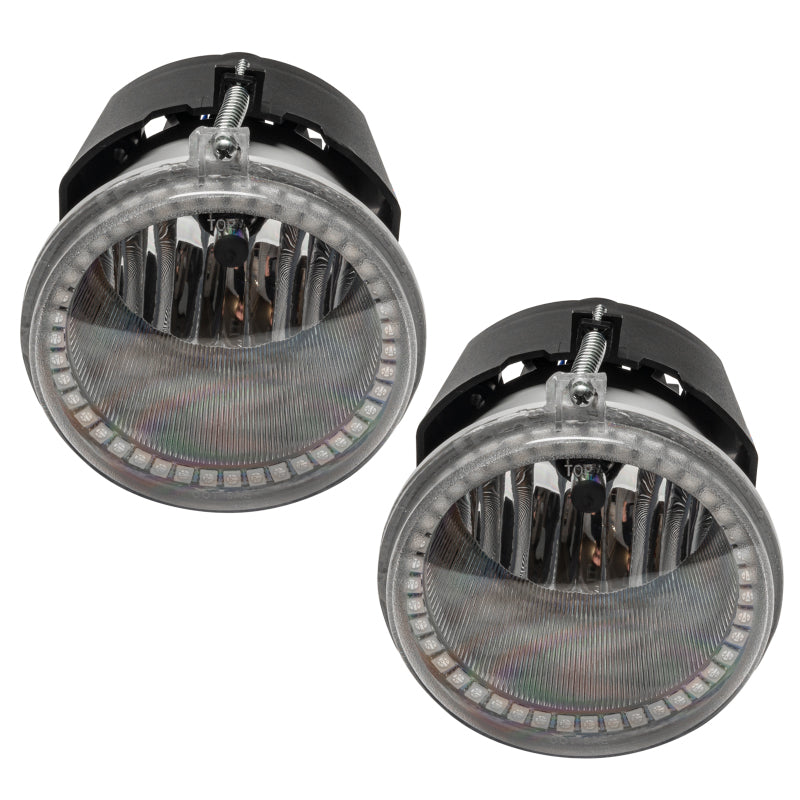 Oracle Lighting blue pre-assembled LED halo fog lights for Chrysler Aspen 2007-2009, showcasing the illuminated blue halos.