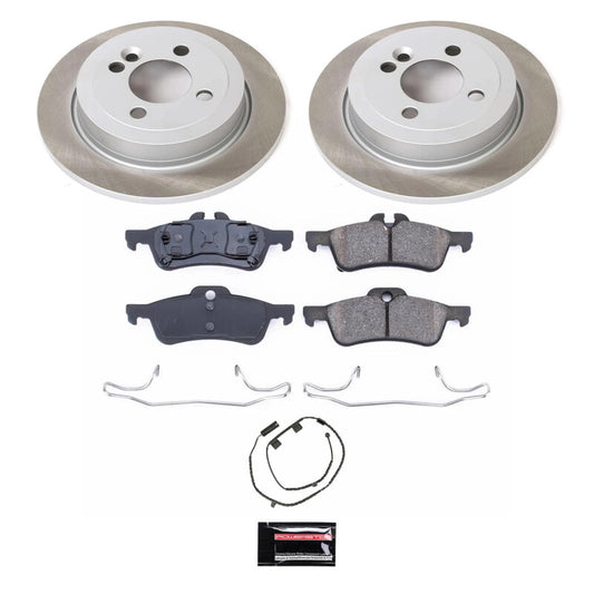PowerStop performance brake kit for Mini Cooper, rear semi-coated rotor set with black finish, high-quality replacement brake parts.