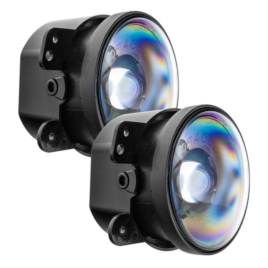 Oracle Lighting high performance LED fog lights installed on a Jeep Wrangler JK/JL/JT, showcasing bright illumination and sleek design.