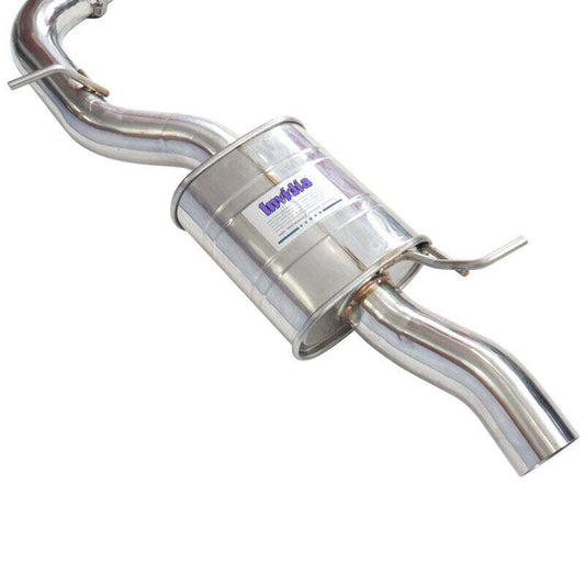 Invidia 2022+ Volkswagen Golf R MK8 76mm R400 valved cat back exhaust with rolled titanium tips, installed on the vehicle.