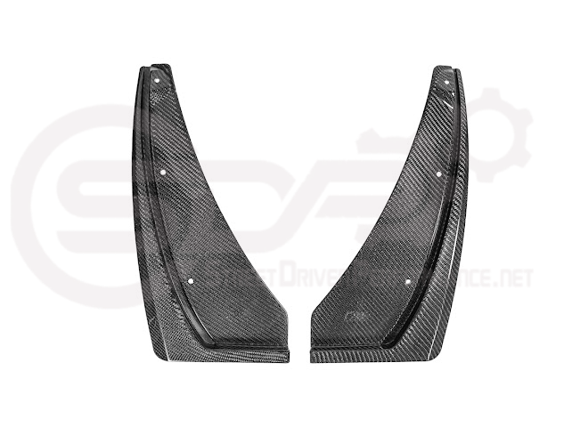 Pair of black carbon fiber mud flaps for 2022-up Cadillac CT5-V Blackwing, featuring Street Driven Performance branding.