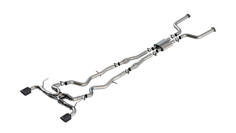 Borla 16-24 Infiniti Q50 catback exhaust system with 4.5-inch black carbon fiber tip, featuring ATAK performance muffler.