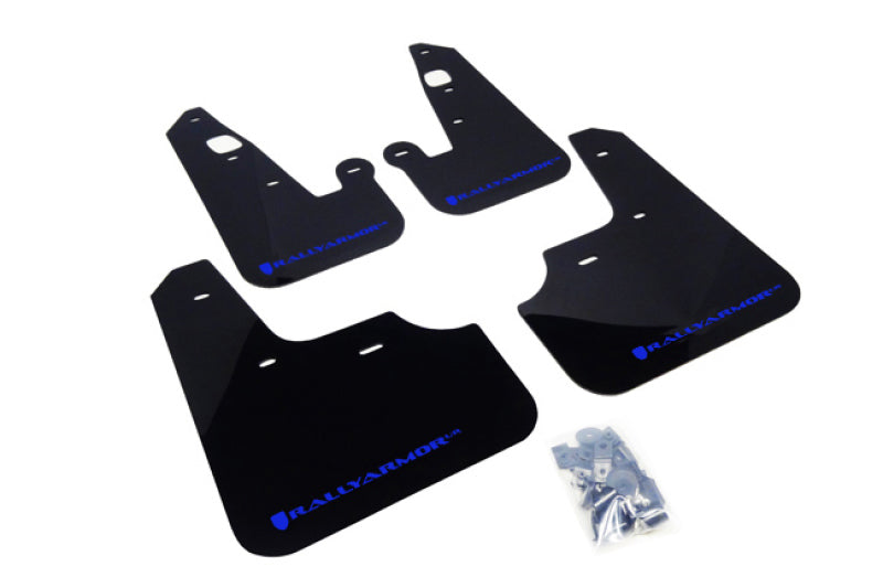 Rally Armor black mud flaps with blue logo installed on a 2007-2017 Mitsubishi Lancer for protection and style.