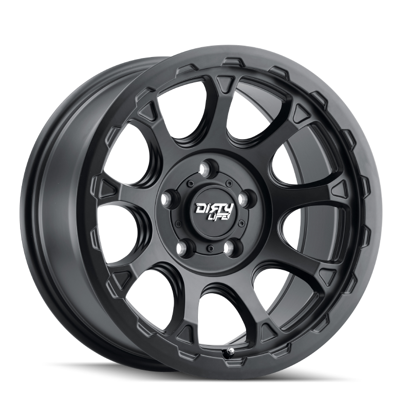 Dirty Life Drifter 17x8.5 matte black cast beadlock wheel with 5x127 bolt pattern, -6mm offset, and 78.1mm hub for off-road vehicles.