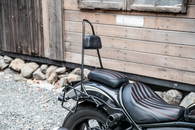 Black Burly Brand Rebel 1100 Sissy Bar Tall 20-inch seat bracket frame for Harley-Davidson motorcycle.