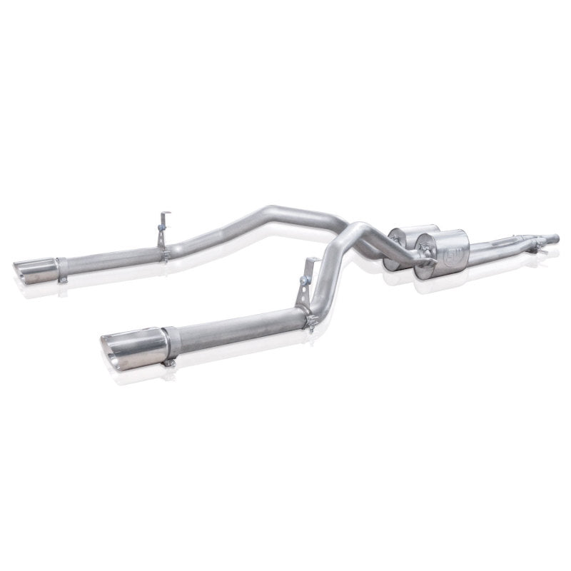 Stainless Works catback exhaust Y-pipe for Chevy Silverado and GMC Sierra 2007-16 with under bumper exit, stainless steel finish.