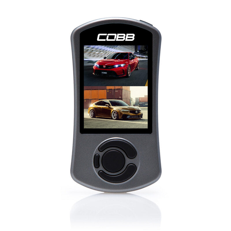COBB AccessPORT V3 tuner for Honda Civic Type R FL5 and Acura Integra Type S MT DE5, showing device screen and connection ports.