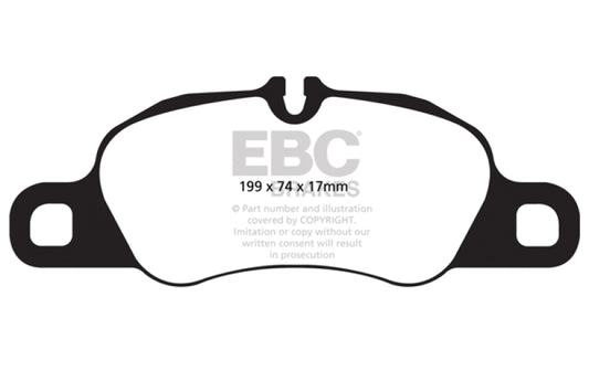 EBC red front brake pads for Porsche 911 997 3.6 Carrera 2, performance cast iron rotor brake pads, close-up view