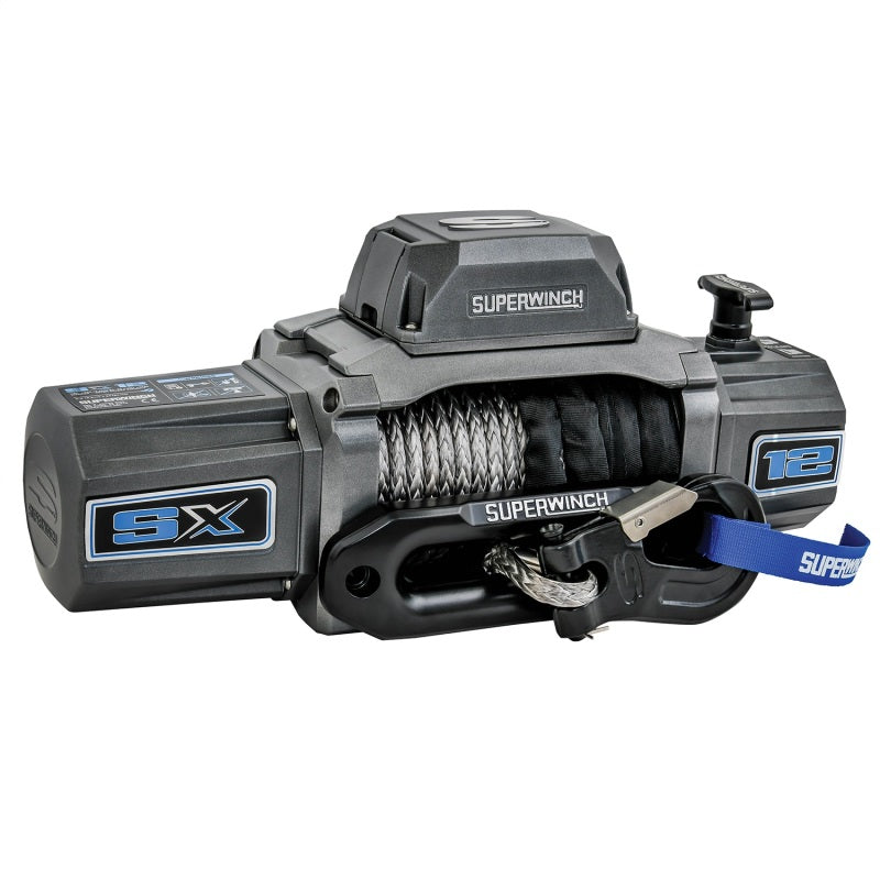 Superwinch 12000 LBS 12V DC synthetic rope winch with 3/8 inch x 80 ft rope and graphite finish, designed for heavy-duty pulling.