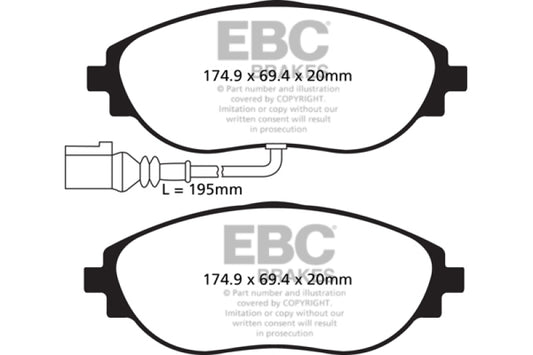 EBC 12+ Volkswagen CC 3.6 green brake pads, performance front brake pads with green friction material and metal backing plate.