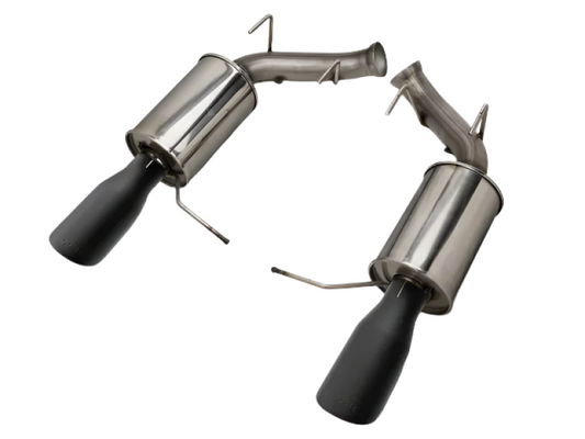 Roush Black Tip Axle Back Exhaust for 2011-2014 Mustang V6 showing sleek black-tipped exhaust tips and polished stainless steel pipes