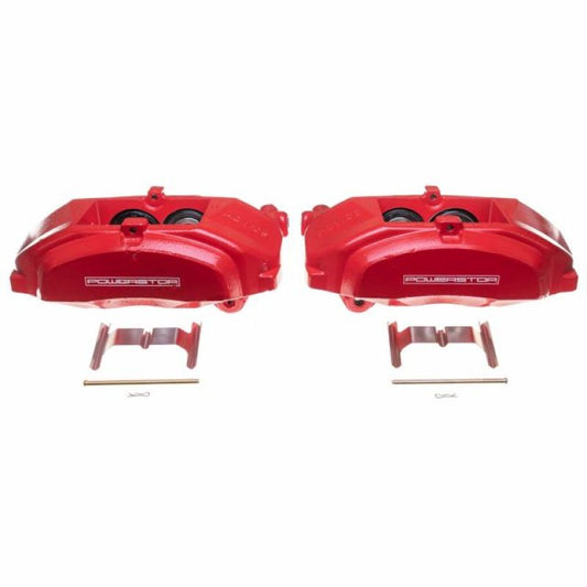 Pair of PowerStop red brake calipers for Lexus GS200t 2016-2017 front performance brake upgrade, without brackets.