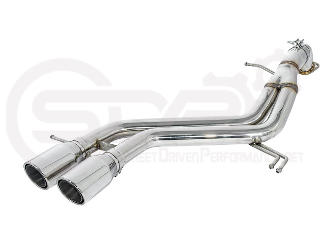 Hyundai Veloster Turbo 2013-2018 exhaust axle back with dual 4-inch muffler delete, featuring burnt tips or chrome finish.