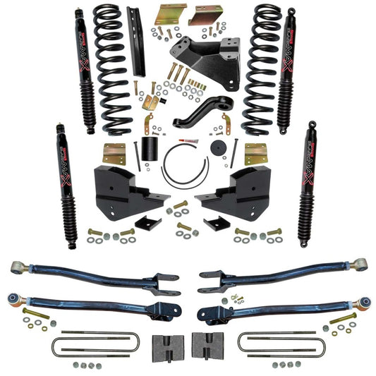 Skyjacker 6-inch lift kit for 2023 Ford F250 4WD gas trucks with leveling kit installed, showing suspension components and lifted stance.