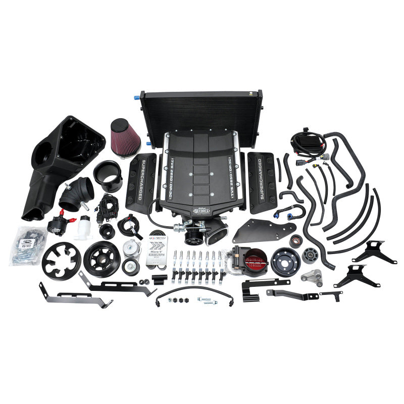 Edelbrock Supercharger Stage II for 2018-2019 Ford Mustang 5.0L Coyote engine, front view showing the supercharger unit on the engine.