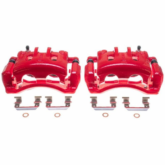 Pair of PowerStop front red brake calipers for Hyundai Santa Fe 2007-2009, performance replacement brake calipers.